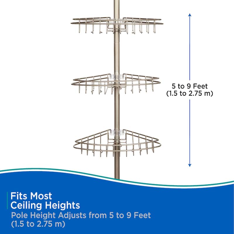 Kenney 3-Tier Spring Tension Adjustable Shower Corner Pole Caddy - Satin Nickel