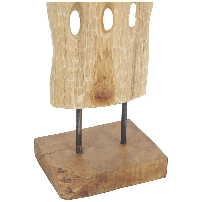 Brown Teak Wood Handmade Tall Floor Cutout Post Abstract Sculpture with Live Edge Base