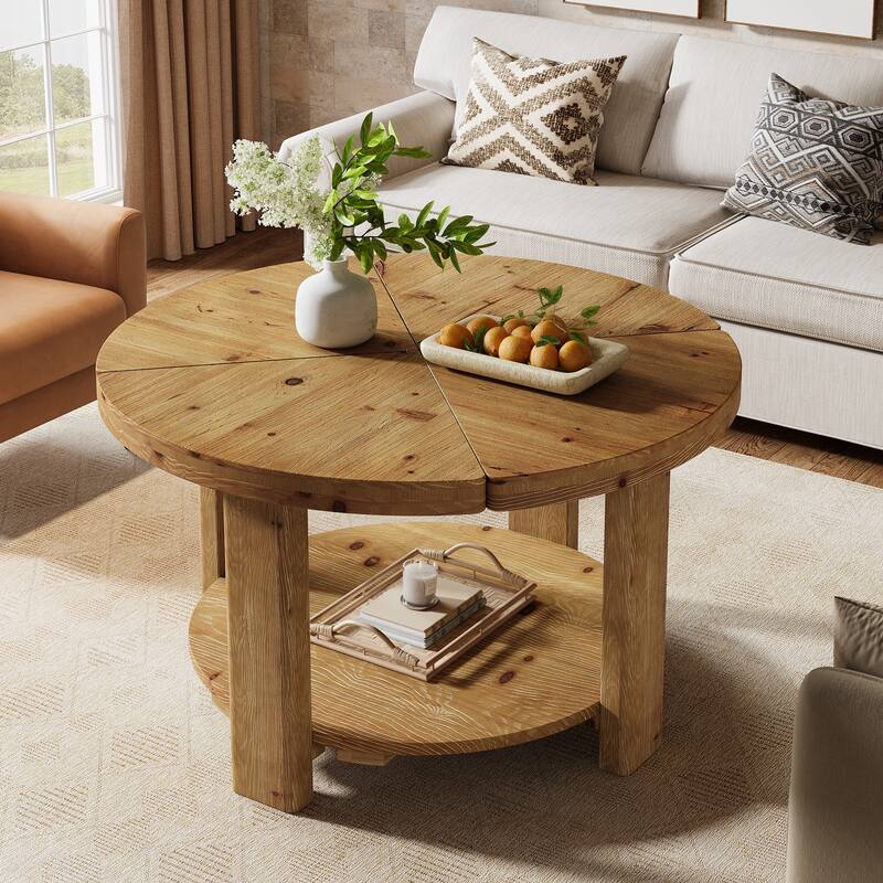 31.5" Round Coffee Table, 2-Tier Farmhouse Solid Wood Coffee Table