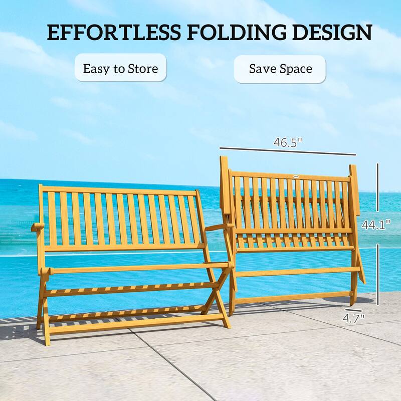 Acacia Wood Folding Patio Bench with Slatted Seat - 42.5" W x 25" D x 35.4" H