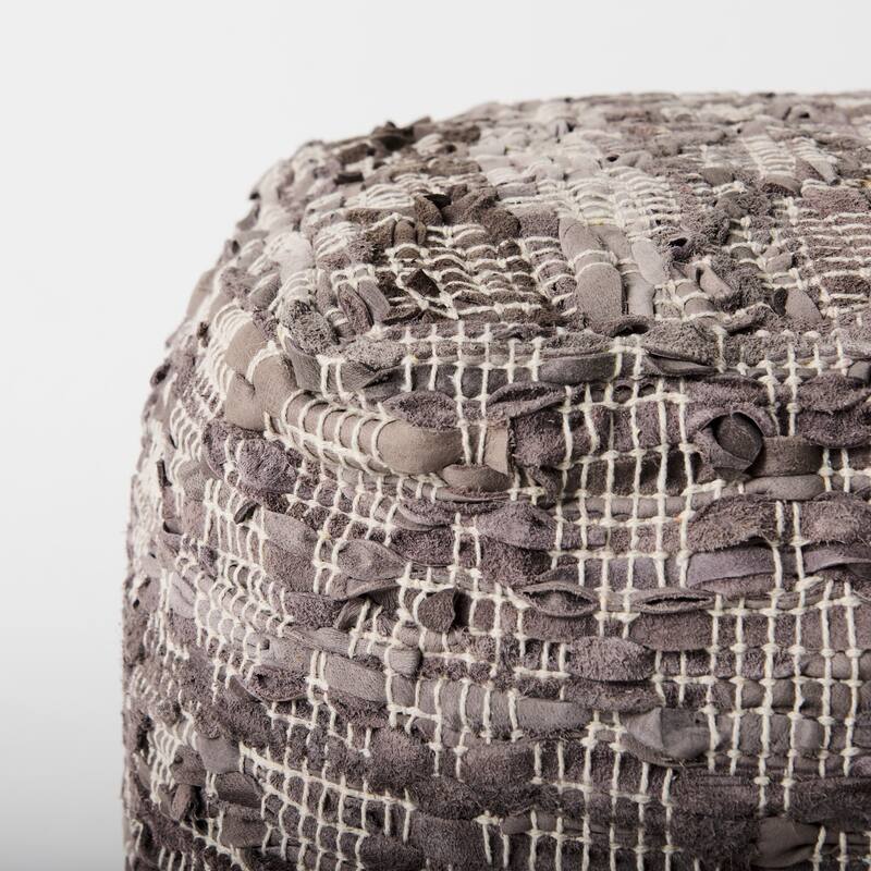Mercana "Falguni" Grey Patterned Leather & Cotton Square Pouf