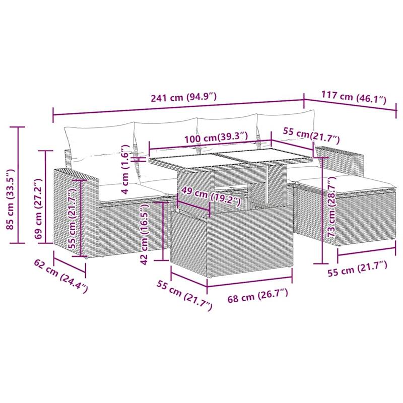 vidaXL Patio Sofa Set with Cushions and Table Outdoor 6 Piece Poly Rattan - 21.7 x 24.4 x 27.2
