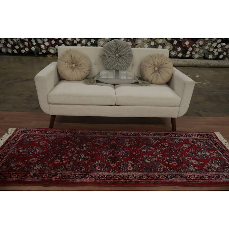Hand Knotted Oriental 100% Wool Carpet Traditional All-Over Red Sarouk Runner Rug - 7' 6'' X 2' 8''