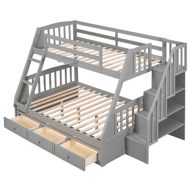 Twin-Over-Full Bunk Bed with Drawers, Ladder, and Storage Staircase in Gray