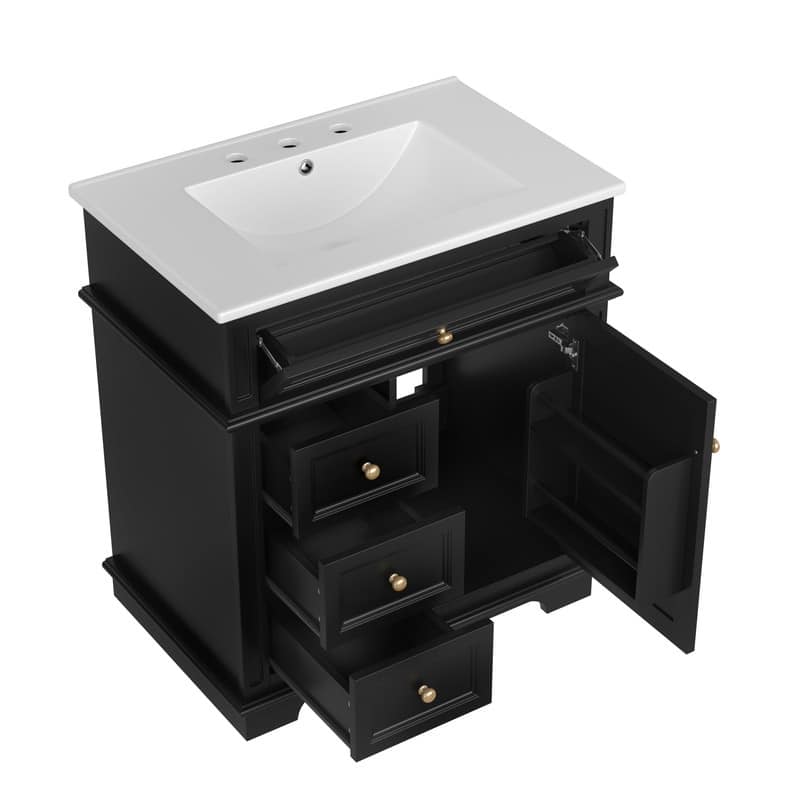 30" Bathroom Vanity with Ceramic Sink, Bathroom Vanity Cabinet with 3 Drawers, 1 Tip-out Drawer, Door Shelf & Soft Closing Door
