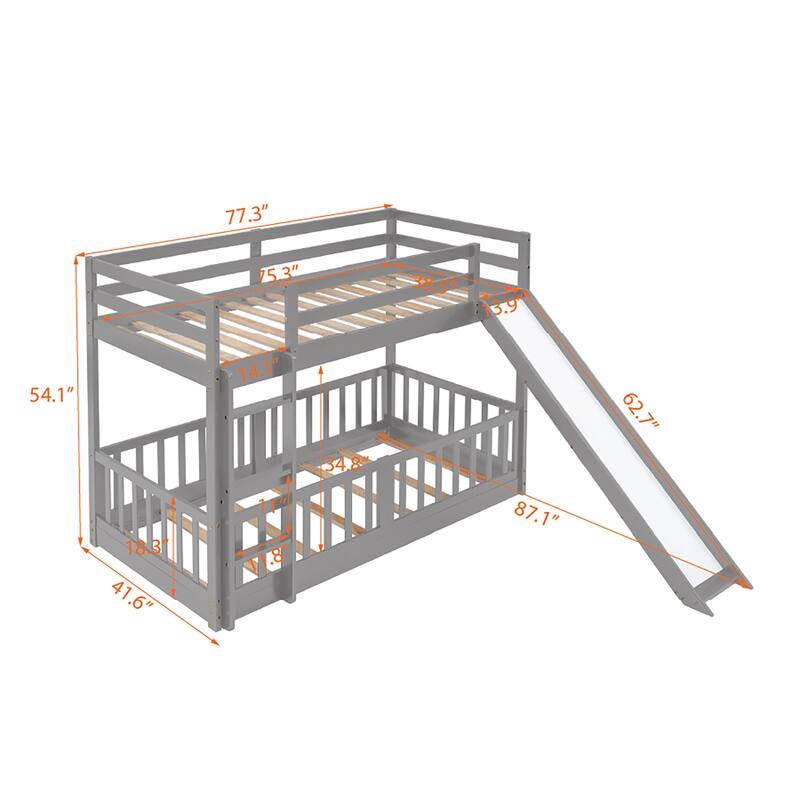 Twin Over Twin Bunk Bed with Slide and Convertible Ladder, Space-Saving Design