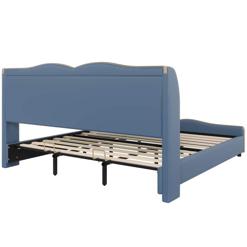Modern King Size Upholstered Bed Frame with Wingback Headboard and Wavy Footboard, No Spring Box Needed, Antique Blue