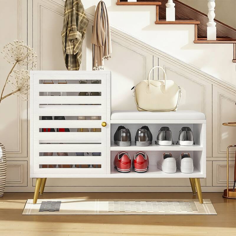 Javlergo L-Shaped Entryway Bench with Shoe Storage PU Cushion & Magnetic Shutter Door Hall Bench with Gold Legs for Living Room