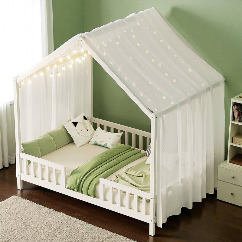 Montessori House Bed with Canopy, Twin/Full Kids Floor Bed Frame with High Railings, Wooden Roof Bed for Toddlers and Children