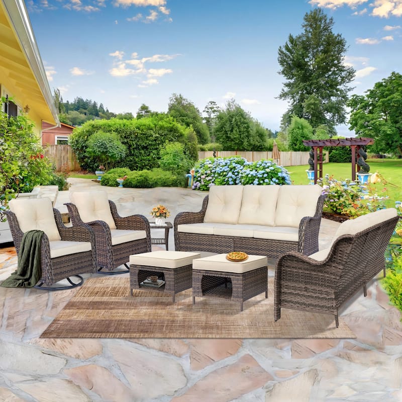 Wicker Outdoor Patio Conversation Seating Sofa Sets with Swivel Chairs - 7 Piece - Beige