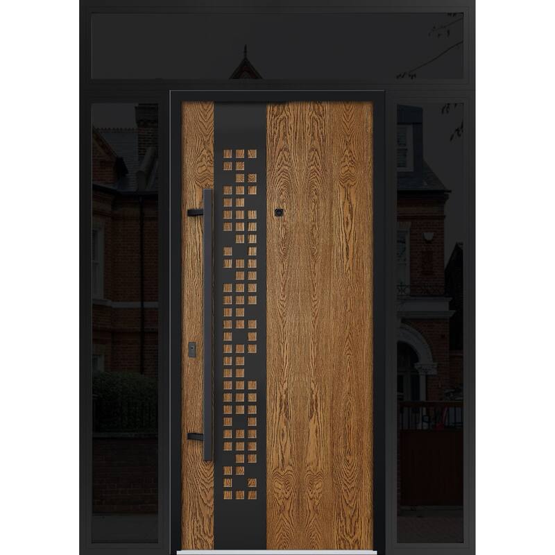 Exterior Prehung Steel Entry Door Ronex 0131 Grey 2 Sidelites Top Window Stainless Steel Inserts 16+36+16x96 Left Hand - Beige - 64 x 96
