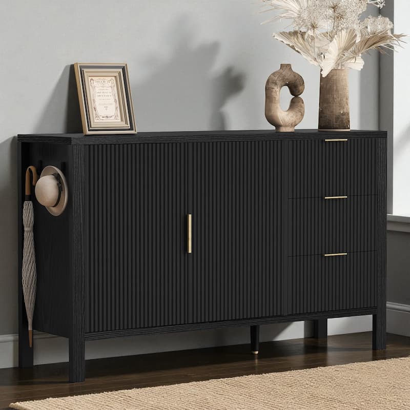Modern Wave-Pattern Sideboard with 3 Drawers, Buffet Cabinet with Hooks & Center Leg for Living Room or Entryway - Black