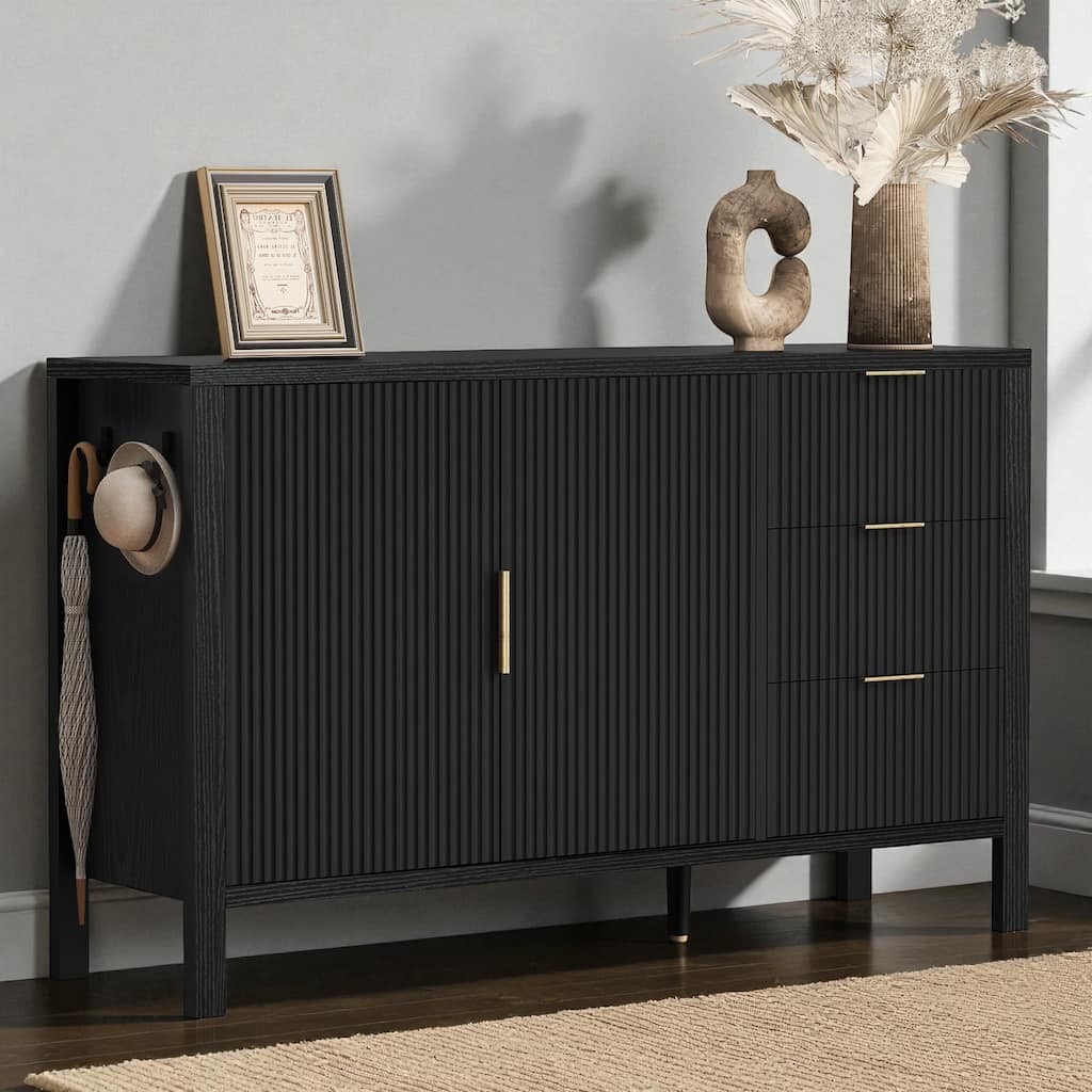 Modern Wave-Pattern Sideboard with 3 Drawers, Buffet Cabinet with Hooks & Center Leg for Living Room or Entryway