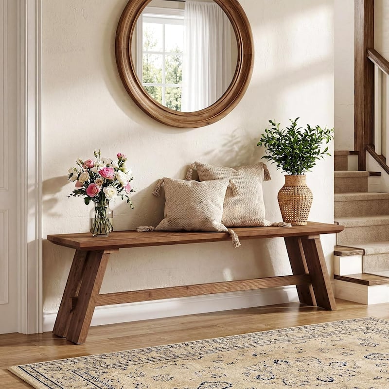 63 Inch Wood Entryway Bench, Farmhouse Shoe Bench with Unique Herringbone Pattern for Hallway, Bedroom, Living Room, Mudroom - Brown