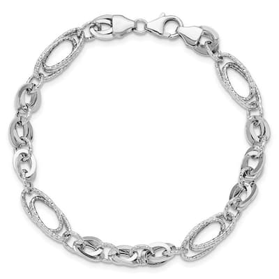 Curata 14k White Polished and Textured Oval Fancy Link Bracelet 7.75 Inch
