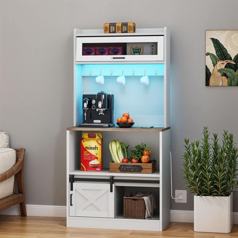 Moasis 5-Tier Bakers Rack with Hooks & LED Lights, Microwave Stand with Power Outlets - White