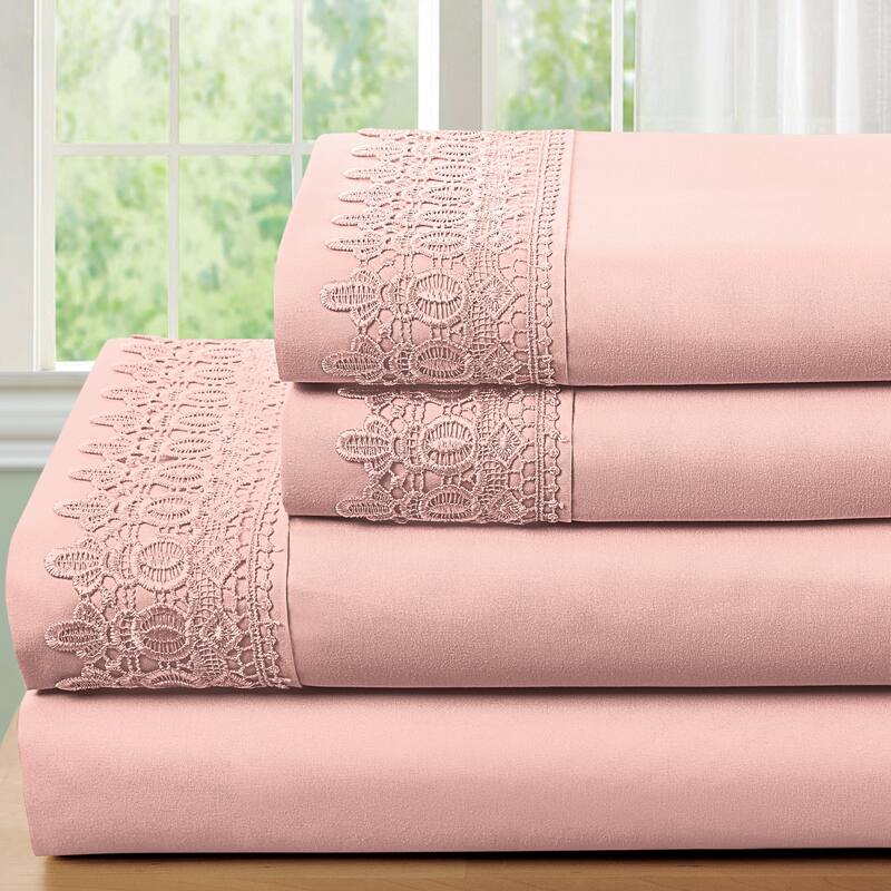 Embroidered Lace Design 4-Piece Sheet Set