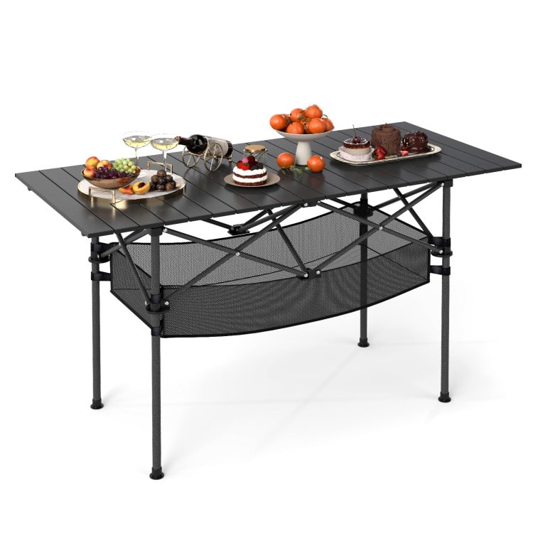 Aluminum Patio Folding Camping Table with Bag and Mesh Basket - 47" x 22" x 27" (L x W x H)