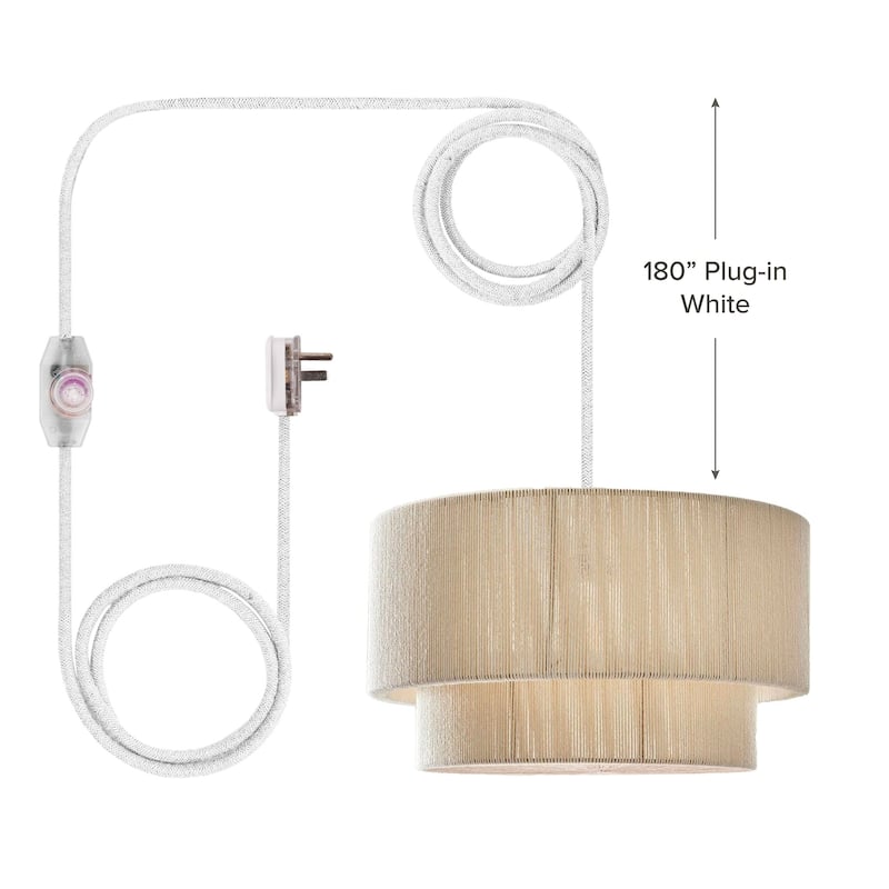 Elaine Rattan Pendant Light - Ivory White Large Drum 1-Light Handwoven Light Fixture For Modern, Boho, Farmhouse Room Decor - 28'' - 180" Plug-In White