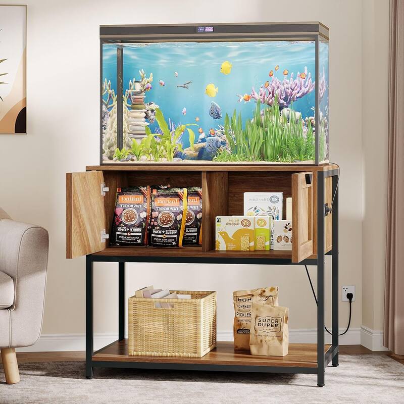 20-29-37 Gallon Fish Tank Stand with Power Outlets, Large Wood Aquarium Stand with Cabinet Storage