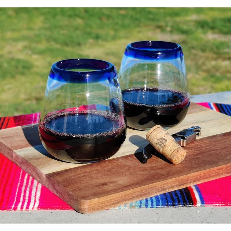 Hand Blown Mexican Stemless Wine Glasses - Set of 6 Glasses with Cobalt Blue Rims (15 oz)