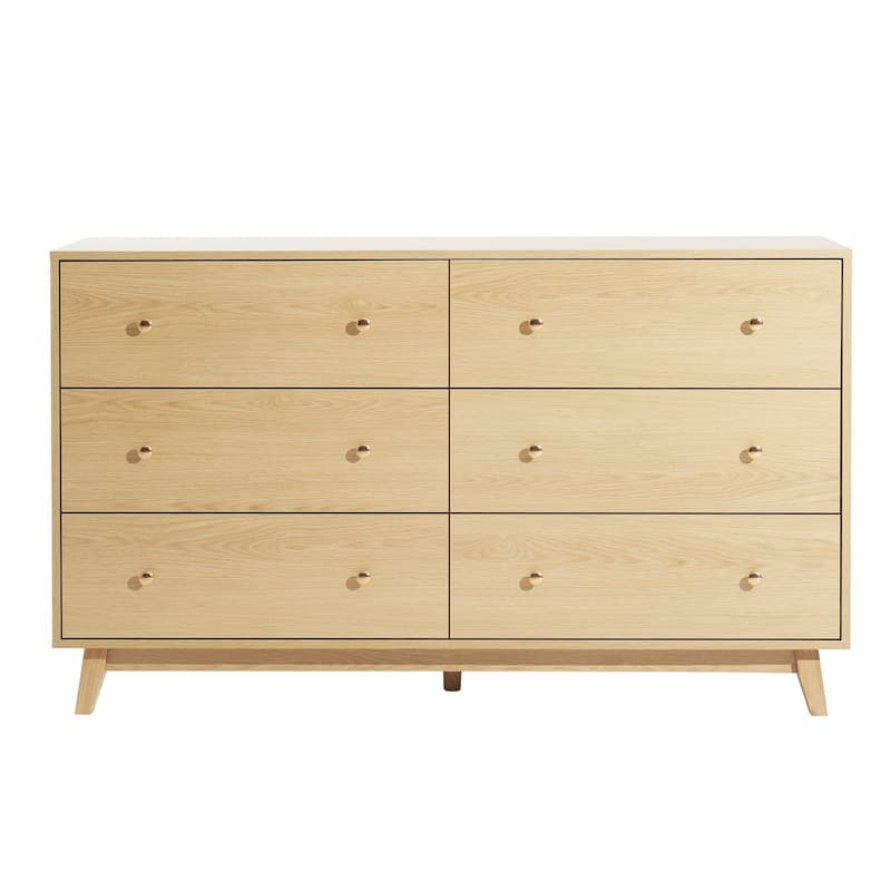 Light Wood Particleboard MDF Rubberwood Dresser 6 Drawers Modern Metal Handles - Light Wood