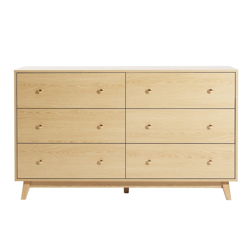 Light Wood Particleboard MDF Rubberwood Dresser 6 Drawers Modern Metal Handles