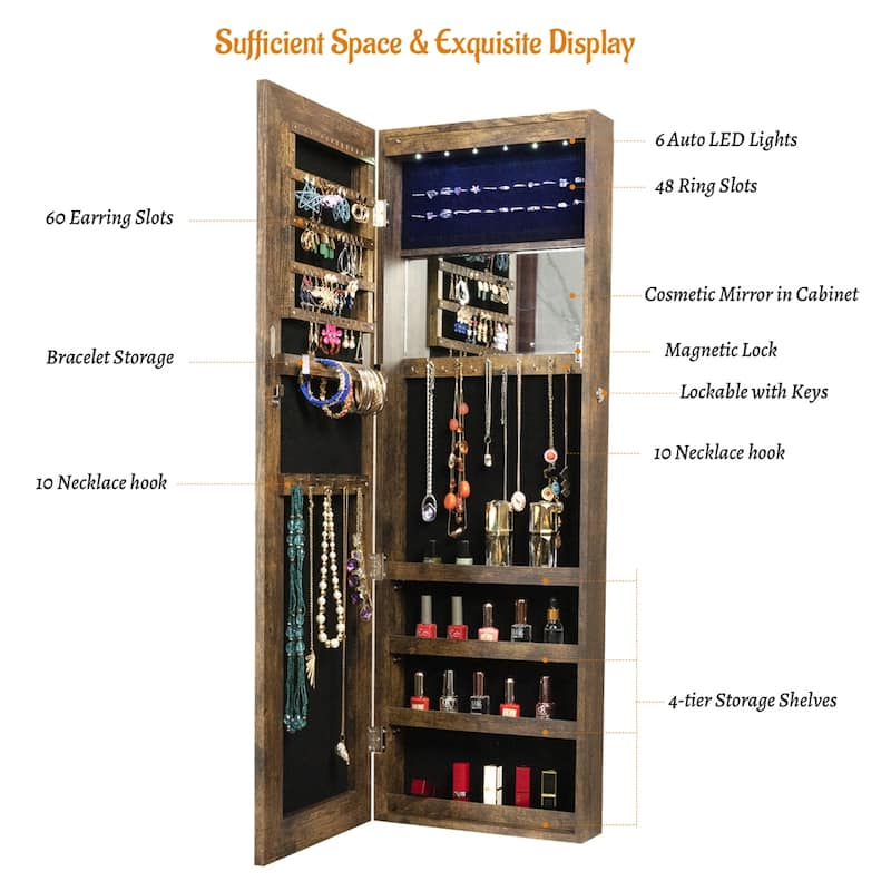 Fashion Simple Jewelry Storage Mirror Cabinet w/LED Lights Can Be Hung