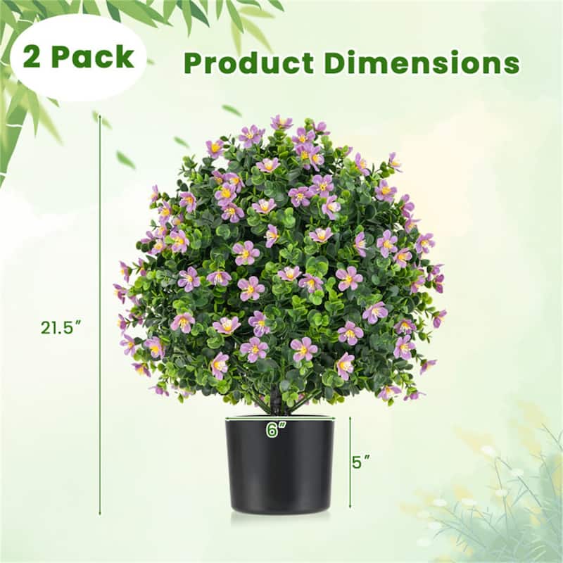Set of 2 Artificial Boxwood Topiary Ball Trees with Purple and White Flowers Sun-Proof Cement Pot Low Maintenance - 6" x 21.5"