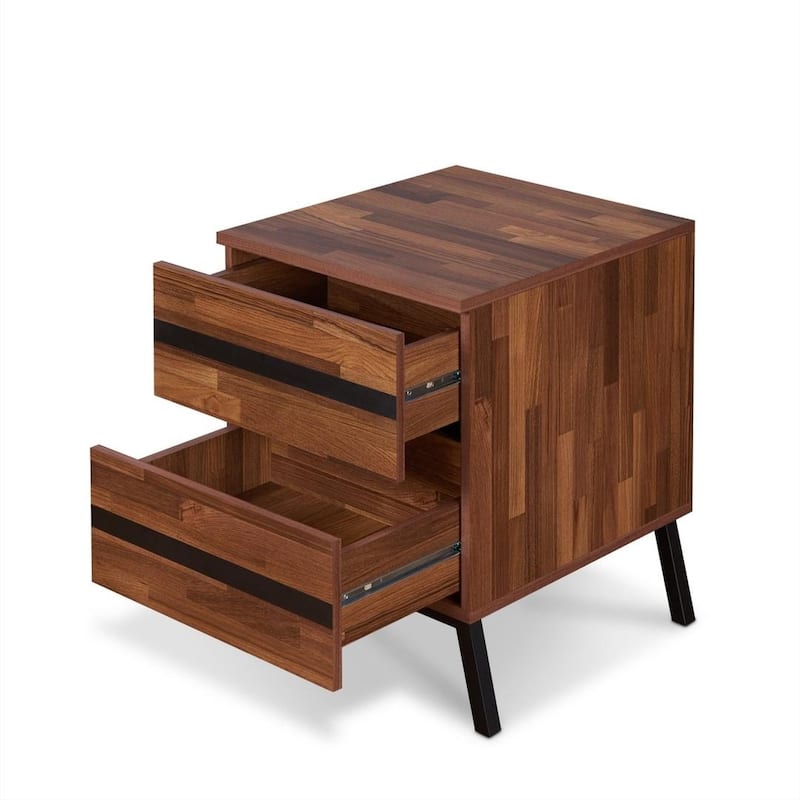 23" Rectangular Brown Wood End Table with Black Iron Base and 2 Drawer for Living Room Storage - 18"L x 20"W x 23"H