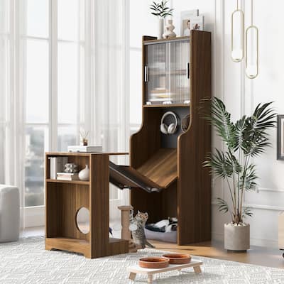 Folding Storage Cabinet Convertible Student Desks with Bookcase, Cat Sratcher and Round Hole All-in-one Writing Desk Corner Desk