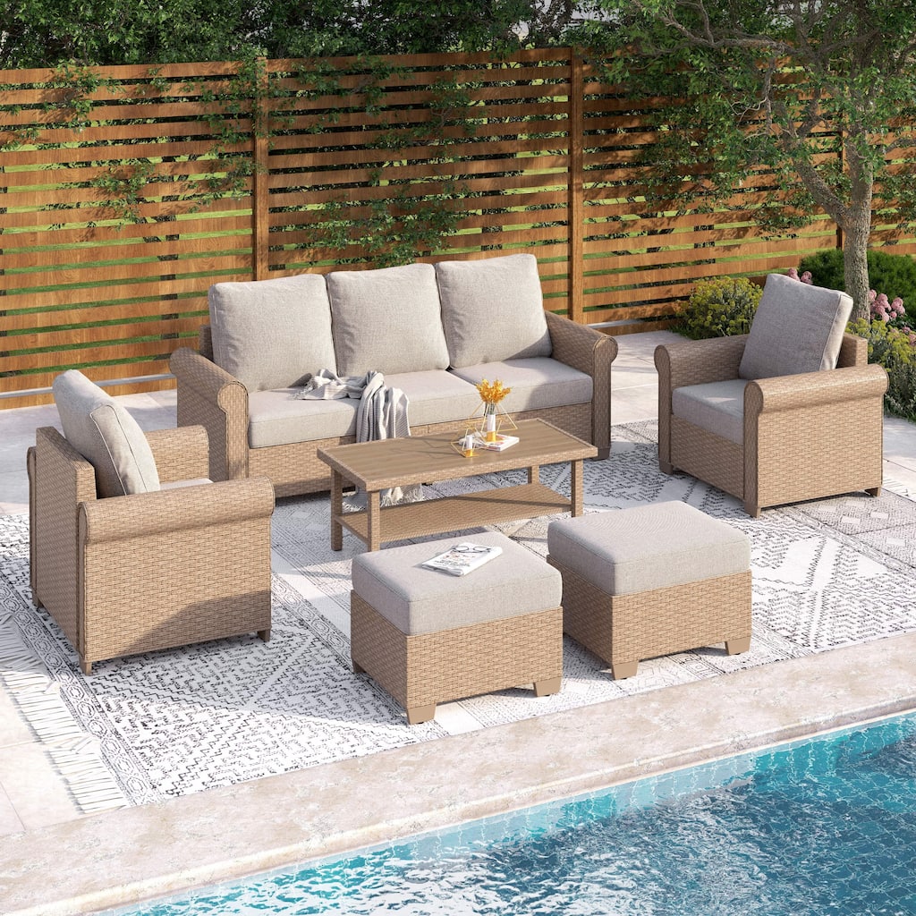 MAISON ARTS 6-Piece Luxury Wicker Patio Conversation Sofa Set with Curved Armrests with Cushions for Lawn Backyard Deck