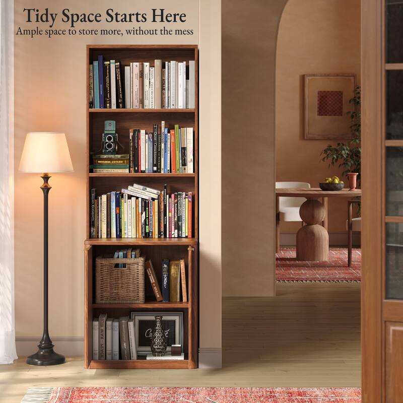 71" Oak Bookcase with Doors, 5-Tier Fluted Tall Bookshelf with Storage