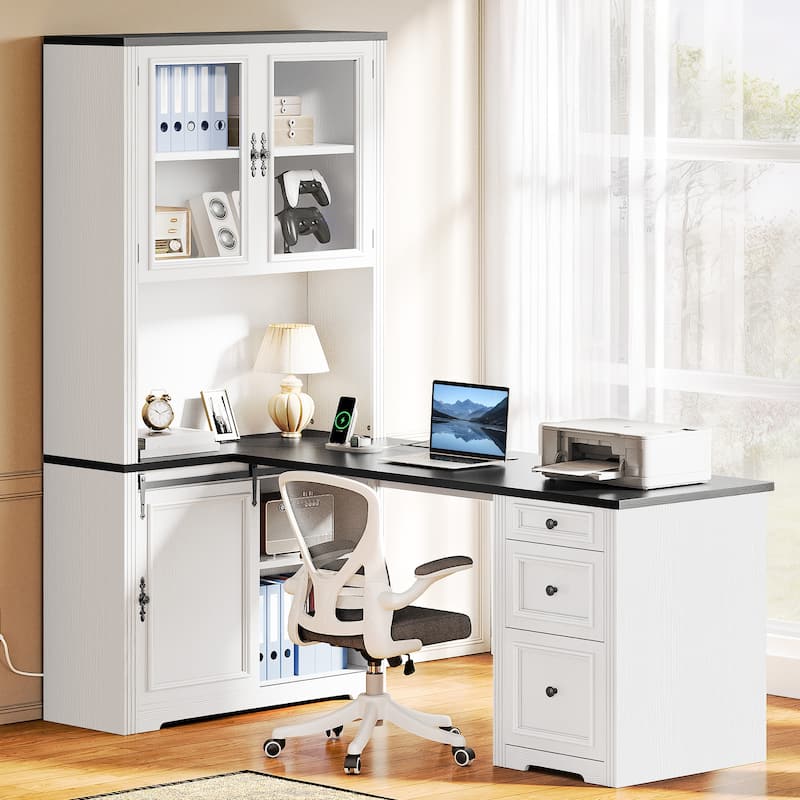 Moasis Farmhouse Office Desk Corner Computer Desk with Hutch and Drawers - White