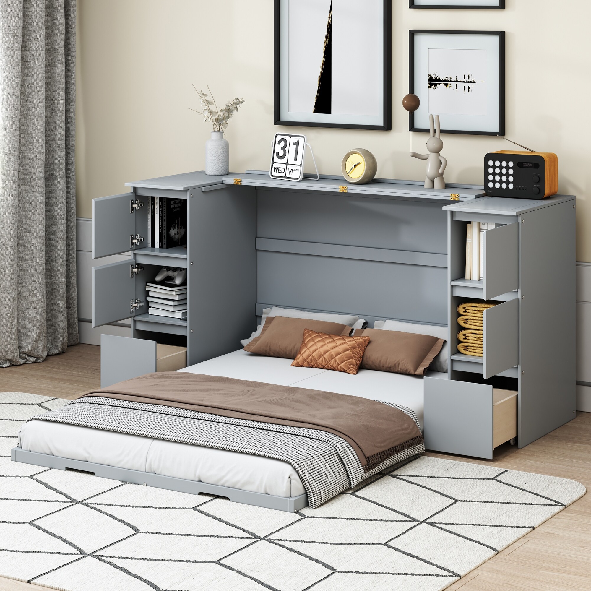 Full Size Murphy Bed with Drawers Cabinets USB Ports High Stools Gray Grey