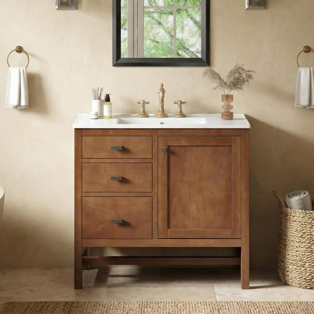 Christopher Knight Home - Modern 36" Freestanding Bathroom Vanity with Ceramic Sink, Dual Drawers, Flip-Up Storage - 36"W