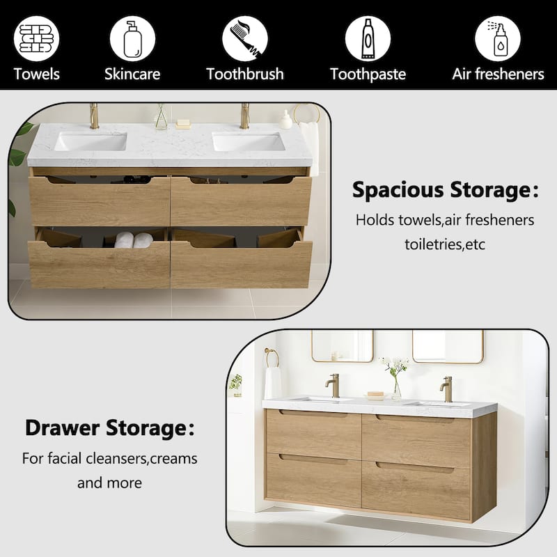 24"36"48"60"72"84" Floating Bathroom Vanity with Engineered Top Rectangulare Sink Solid Wood