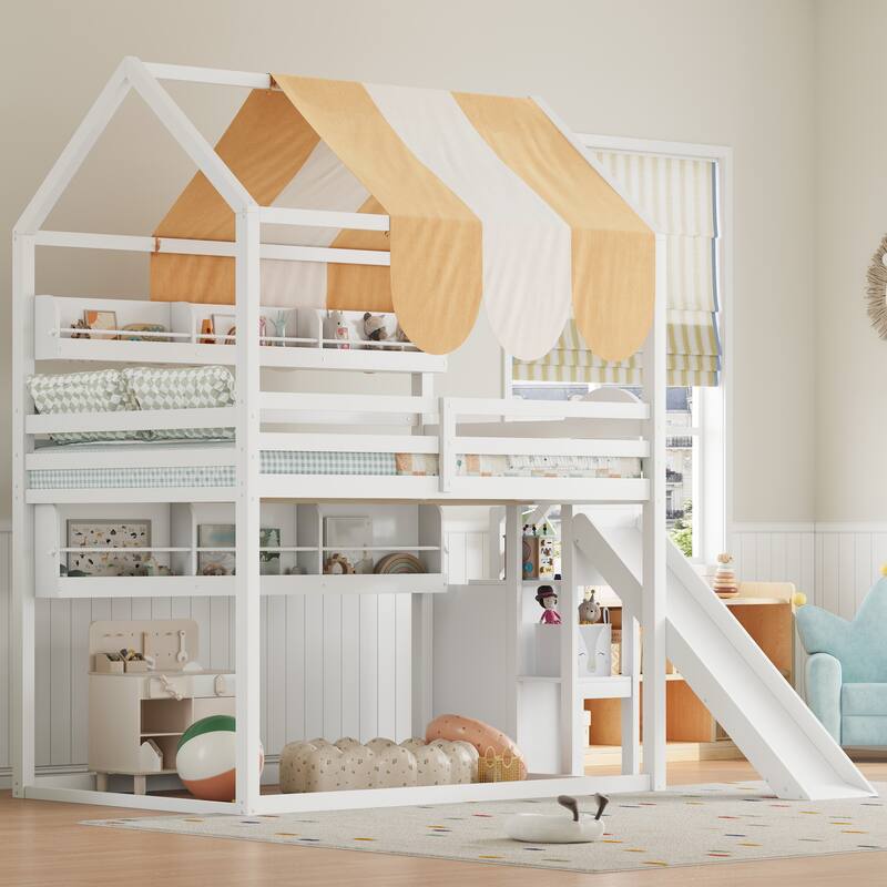 Full Size House Bed with Canopy, Slide & Built-in Bookshelves, Playhouse Bed Frame for Kids