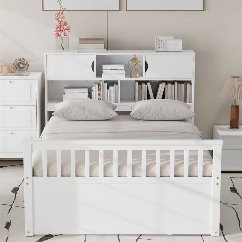 Twin/Full Size Captain Platform Bed with 4 Drawers and Storage Bookcase Headboard, Solid Wood Bed Frame with Storage Shelves