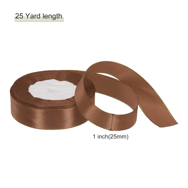 Satin Ribbon with Gold Edges Border Grosgrain Fabric Ribbon for Decor - Brown - 1 Inch x 25 Yard