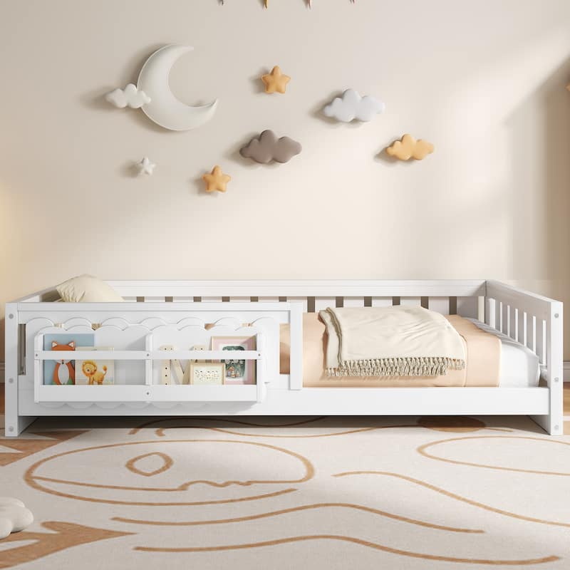 Kid Wood Platform Storage Bed Montessori Toddler Floor Bed Children Daybed with Guardrail and Side Creativity Storage Shelves