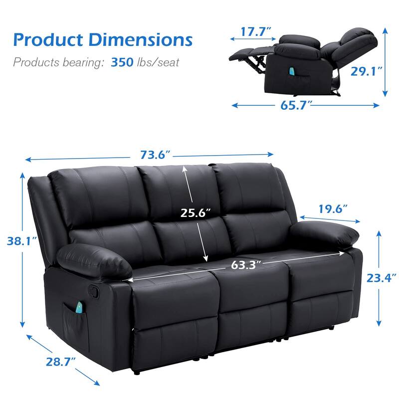 AECOJOY 3-Seater Reclining Sofa with Heat and Massage Function
