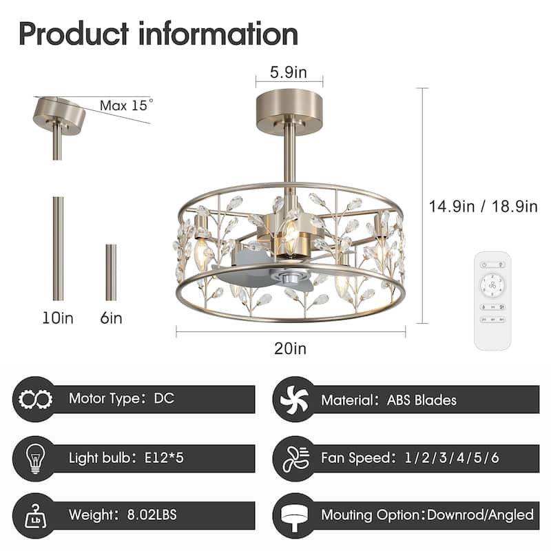 20" Glam Crystal Chandelier Caged Ceiling Fan with Light and Remote