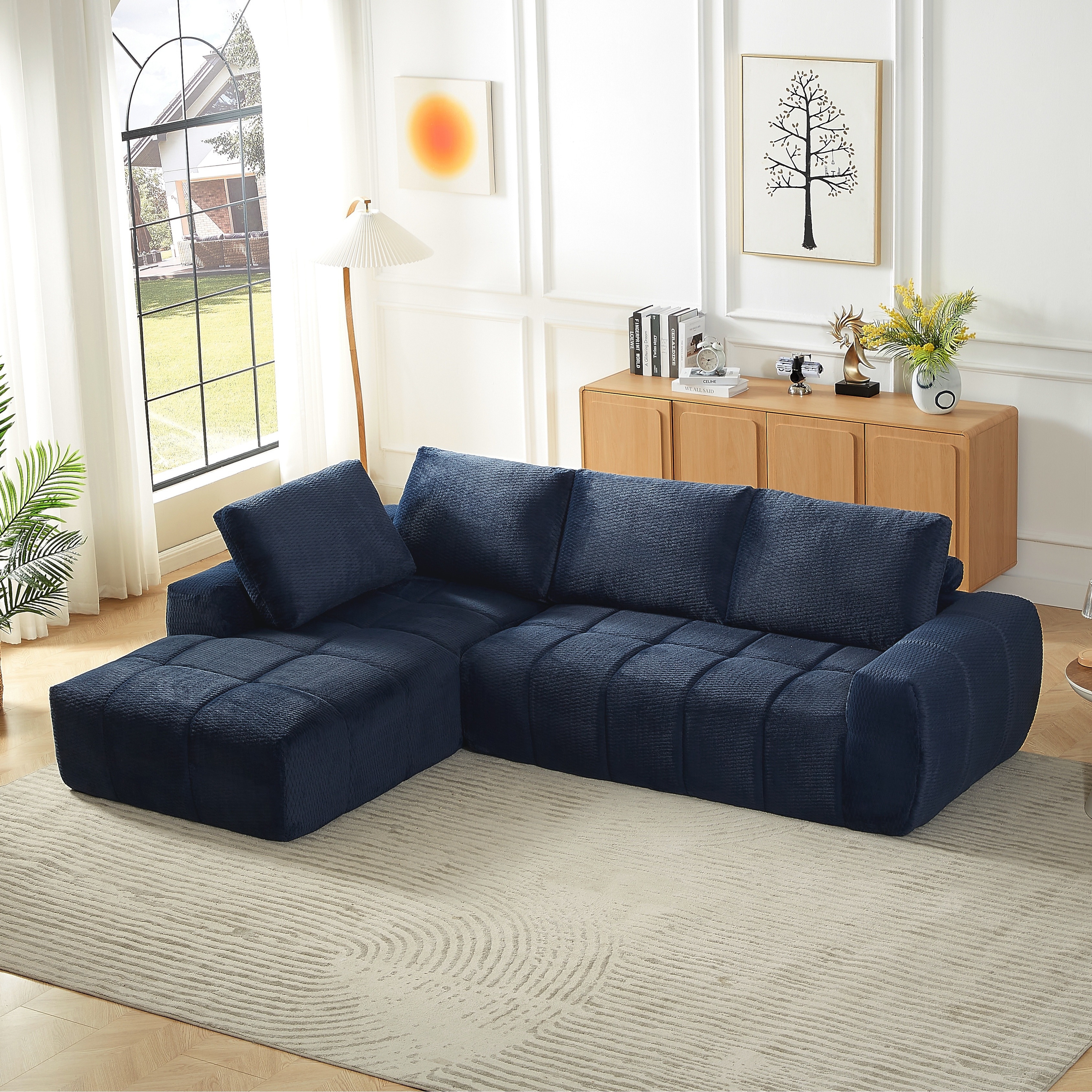 Modern Convertible Compressed Couch L-shaped Sectional Sofa with Chaise, Available Khaki Chenille or Dark Blue Corduroy
