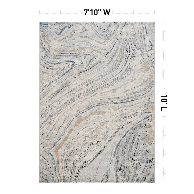 Marble Swirl Distressed Area Rug - Low-Pile Rug for Living Room, Bedroom - Polypropylene/Polyester with Jute Backing
