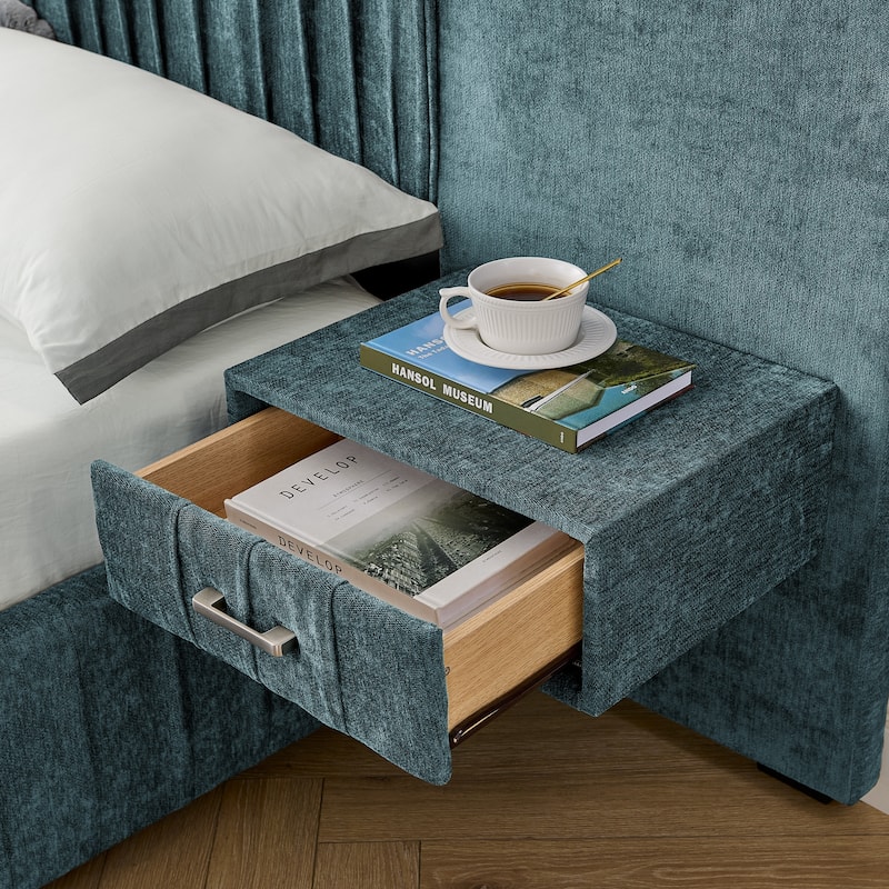 Pleating Upholstered Bed Platform Bed Frame with Enlarged Widened Headboard and Integrated Bedside Table Adjustable Bedside Lamp