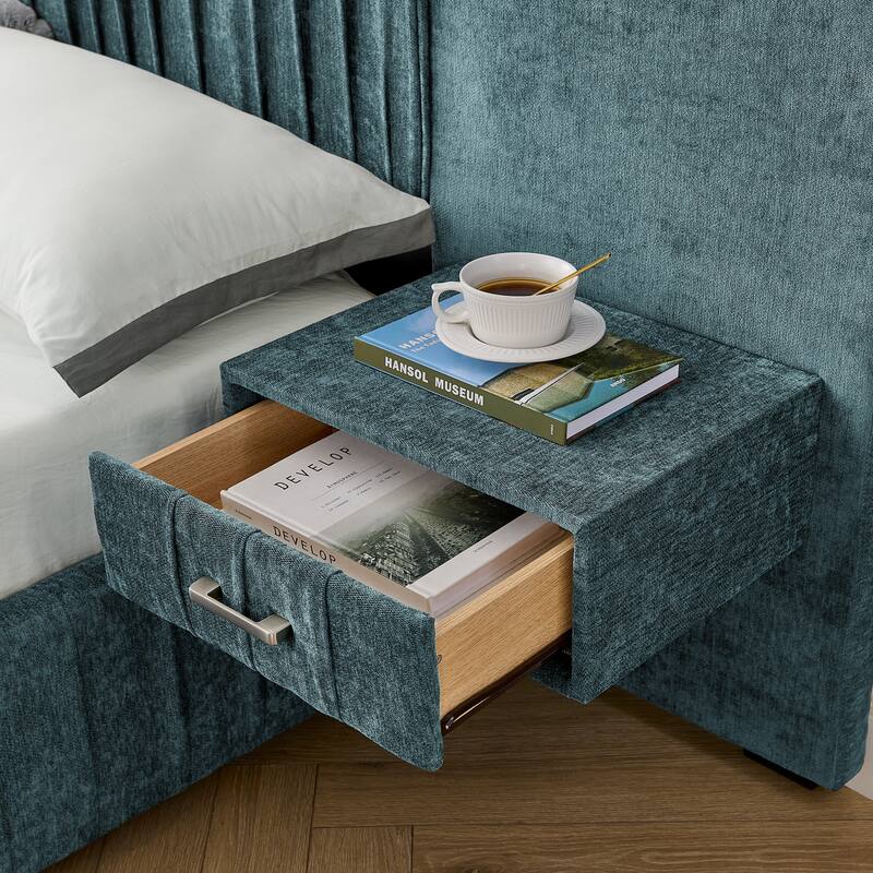 Queen Size Upholstered Bed Frame with Chenille fabric with pleated design,Grounded Queen Size Platform Bed