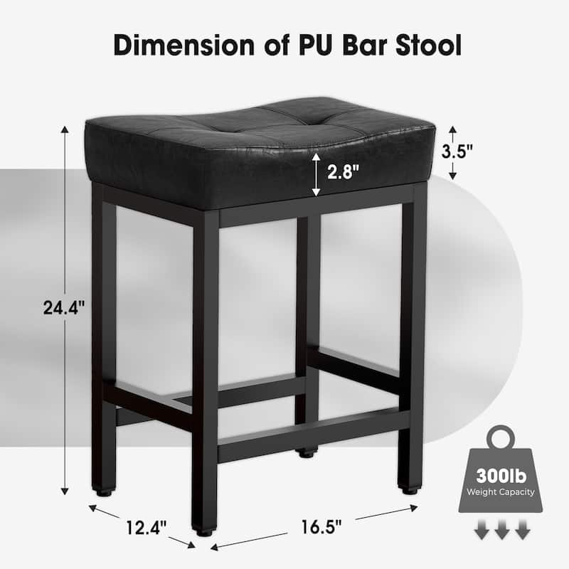 Upholstered PU Leather Bar Stools Set of 2, 24" Counter Height Saddle Bar Stools