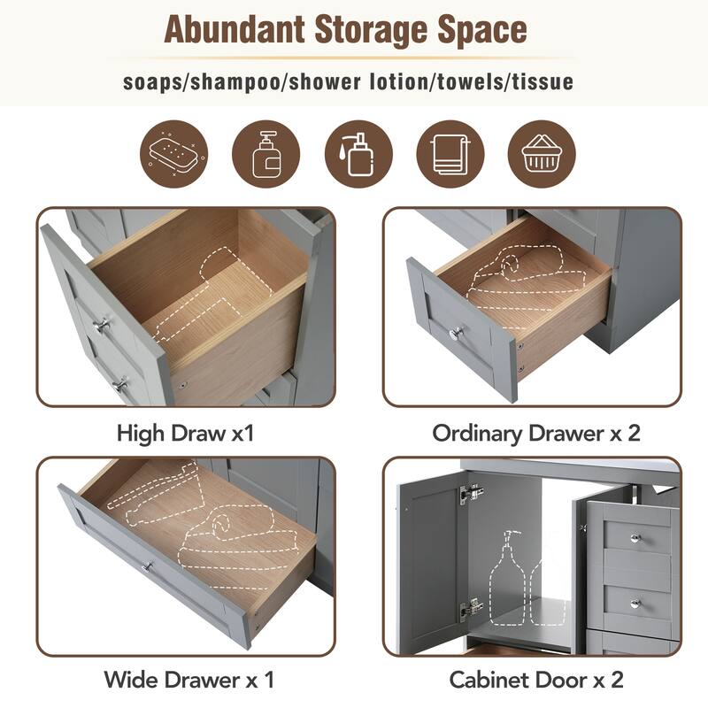 36" Shaker Bathroom Vanity with Ceramic Sink - 4 Soft-Close Drawers & 2 Doors, Free-Standing Cabinet