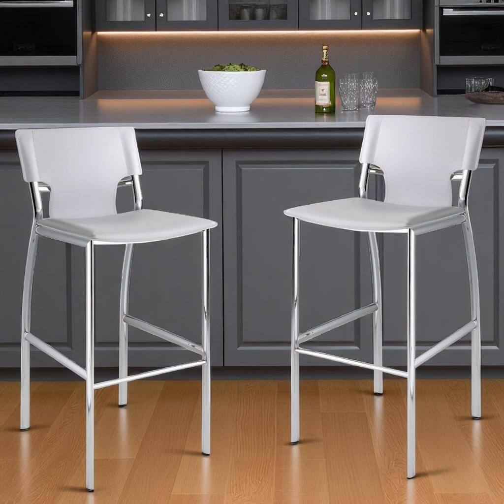 HomeRoots Set of Two 29" White and Silver Metal and Faux Leather Low Back Bar Height Bar Chairs